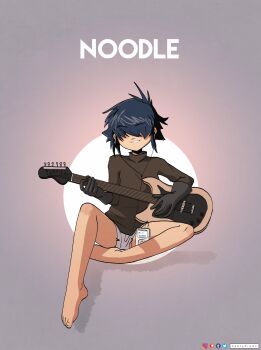 1girl absurdres artist_name barefoot black_gloves black_hair black_sweater character_name circle commentary digital_media_player earbuds earphones electric_guitar english_commentary gloves gorillaz gradient_background grey_background grin guitar hair_over_eyes highres holding holding_guitar holding_instrument instagram_logo instrument ipod keetydraws listening_to_music long_sleeves messy_hair music no_eyes noodle_(gorillaz) paid_reward_available parted_lips patreon_logo playing_guitar playing_instrument short_hair short_shorts shorts sidelocks sitting sitting_on_leg smile solo spiked_hair sweater tumblr_logo turtleneck turtleneck_sweater twitter_logo white_shorts