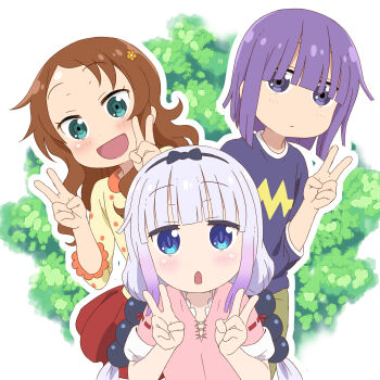 3girls :d :o blue_eyes blunt_bangs blush bow brown_hair bush casual child closed_mouth collared_shirt double_v eyebrows_hidden_by_hair flower_hairpin gradient_hair green_eyes hair_bow hair_ornament hairband hands_up happy hat highres holding_another's_arm jumping kagero_(plusup) kanna_kamui kobayashi-san_chi_no_maidragon long_hair looking_at_viewer low_twintails magatsuchi_shouta multicolored_hair multiple_girls open_mouth pink_shirt polka_dot polka_dot_shirt purple_eyes purple_hair red_skirt saikawa_riko sailor_collar shirt short_hair short_sleeves sidelocks skirt smile sphere_hair_ornament twintails upper_body v