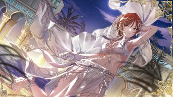 1girl aketa_mikoto arm_up bikini building cloud earrings facial_mark game_cg hair_ornament idolmaster idolmaster_shiny_colors idolmaster_shiny_colors_song_for_prism jewelry moon multicolored_hair nail_polish navel official_art one_leg_raised palm_tree pool red_hair sandals solo swimsuit toes tree