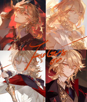 1boy absurdres bishounen blonde_hair brown_hair cape earrings english_text fingerless_gloves formal_clothes genshin_impact gloves hair_between_eyes highres holding holding_sword holding_weapon jewelry kaveh_(genshin_impact) liulianjingrua long_hair looking_at_viewer looking_back male_focus multiple_views necktie red_eyes shirt smile sword watermark weapon
