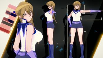 1girl 3d adapted_costume artist_request ass bare_legs bare_shoulders blonde_hair blush breasts reference_sheet denim denim_skirt elbow_gloves female_focus fingerless_gloves full_body gloves highres large_breasts long_hair looking_at_viewer looking_back miniskirt multiple_views obelisk_blue_uniform school_uniform shiny_clothes shiny_skin shirt simple_background skirt smile standing tenjouin_asuka very_long_hair wide_hips yellow_eyes yu-gi-oh! yu-gi-oh!_gx