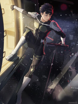1boy 8083_blue aircraft black_bodysuit black_hair bodysuit commentary drawing_sword full_body helicopter highres holding holding_sword holding_weapon hoshina_soshiro kaijuu_no._8 leaning_out_of_window male_focus monster moon parted_lips red_eyes red_moon short_hair snowing solo sword weapon