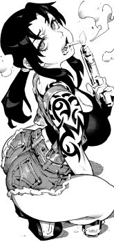 Rule 34 | 1girl, ass, belt, black lagoon, breasts, can, cigarette, cleavage, cutoffs, denim, denim shorts, drink can, fingerless gloves, from side, gloves, greyscale, gun, handgun, highres, holding, holding gun, holding weapon, holster, ireading, large breasts, looking at viewer, monochrome, open mouth, ponytail, revy (black lagoon), short shorts, shorts, shoulder holster, shoulder tattoo, simple background, smoke, smoking, solo, squatting, tank top, tattoo, tiptoes, weapon