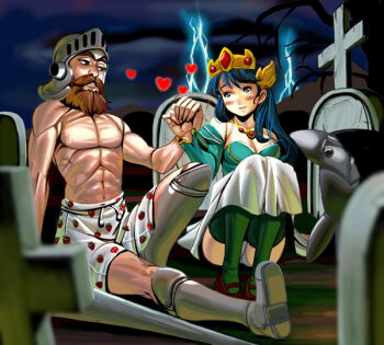 Rule 34 | 1boy, 1girl, abs, armor, beard, blue hair, blush, boxers, brown hair, capcom, cloud, couple, cross, crown, detached sleeves, dress, eye contact, facial hair, ghosts n ghouls, graveyard, guinevere (makaimura), hat, heart, helmet, hetero, holding hands, jewelry, kouno (masao), lightning, long hair, looking at another, makaimura, male underwear, muscular, mustache, necklace, night, on ground, outdoors, panties, pantyshot, sir arthur (makaimura), sitting, sky, smile, thighhighs, topless male, underwear, white panties