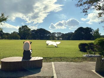 1girl absurdres anya_(spy_x_family) bench blue_sky bond_(spy_x_family) child cloud commentary_request dog drinking_fountain endou_tatsuya hairpods highres holding holding_tablet_pc park photo_background pink_hair sitting sky spy_x_family tablet_pc