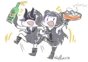 :d abyssal_ship alcohol bamboo_steamer beer black_sailor_collar black_serafuku black_shoes bottle chibi double_bun eye_mask food hair_bun hi_ye holding holding_bottle kantai_collection light_cruiser_oni light_cruiser_princess long_hair mask open_mouth pleated_skirt sailor_collar school_uniform serafuku shoes skirt smile taiwan_beer xiaolongbao