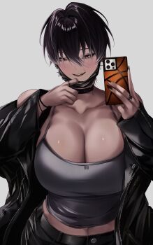 1girl absurdres black_choker black_jacket black_nails black_pants breasts brown_eyes brown_hair camisole cellphone choker cleavage collarbone commentary cross cross_earrings dark-skinned_female dark_skin earrings grey_background grey_camisole highres holding holding_phone jacket jewelry looking_at_viewer may_(ulularts) mole mole_under_eye open_clothes open_jacket open_mouth original pants phone ring short_hair simple_background smartphone smile solo symbol-only_commentary teeth ulularts upper_body upper_teeth_only