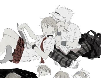 Rule 34 | 1boy, 1girl, backpack, bag, black choker, blonde hair, book, chibi, chibi inset, choker, collared shirt, grey hair, holding, holding book, holding pen, indian style, ma fu, maka albarn, necktie, pants, parted lips, pen, plaid clothes, plaid pants, plaid skirt, reclining, red necktie, shirt, sitting, sketch, skirt, socks, soul eater, soul evans, twintails, white background, white shirt, white socks, wristband
