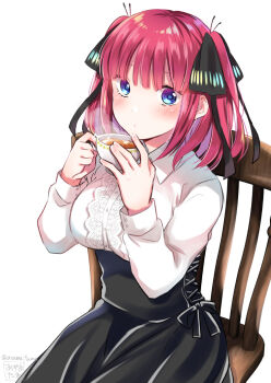 1girl black_bow black_ribbon black_skirt blowing_steam blue_eyes blunt_bangs blush bow breasts butterfly_hair_ornament chair commentary_request cup eyebrows_hidden_by_hair frilled_skirt frills go-toubun_no_hanayome hair_ornament high-waist_skirt holding holding_cup lace large_breasts looking_at_viewer nail_polish nakano_nino norarikurari333 parted_lips pink_hair plant ribbon shirt short_hair simple_background sitting skirt steam tea teacup two_side_up white_background white_shirt