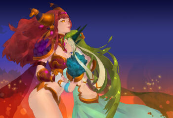 2girls alexstrasza armor bikini_armor butt_crack cape green_hair hand_on_head head_rest height_difference horns midriff multiple_girls nal_(nal&#039;s_pudding) red_hair siblings sisters warcraft world_of_warcraft ysera