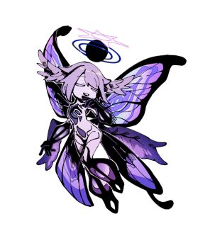 1girl aniypy athena_(ff14) closed_eyes commentary deformed english_commentary final_fantasy final_fantasy_xiv full_body hair_wings insect_wings moth_wings purple_hair short_hair simple_background solo white_background wings