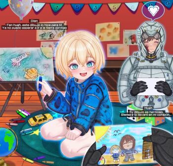 1boy 1girl android bad_tag blonde_hair blue_eyes blue_jacket brown_hair capcom crayon diana_(pragmata) drawing female genderswap hacker75358mg hugh_williams jacket machine male pragmata robot short_hair sitting smile spacesuit