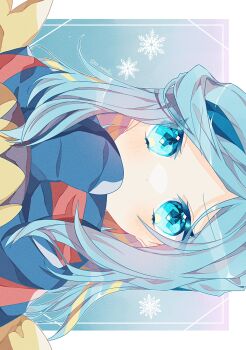 1boy blue_background blue_hair blue_mittens blue_scarf border grusha_(pokemon) highres jacket long_hair long_sleeves looking_at_viewer male_focus mittens nintendo pokemon pokemon_sv scarf scarf_over_mouth sideways simple_background snowflake_background solo striped_clothes striped_scarf to_camellia two-tone_scarf upper_body white_border yellow_jacket