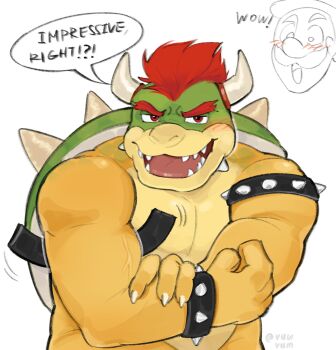 Rule 34 | 2boys, armlet, artist name, bara, biceps, blush, bowser, bracelet, commentary, english commentary, english text, facial hair, fangs, furry, furry male, highres, horns, jewelry, luigi, male focus, mario (series), multiple boys, muscular, muscular male, mustache, nintendo, open mouth, red hair, smile, speech bubble, spiked armlet, spiked bracelet, spiked shell, spikes, vuwvum, white background