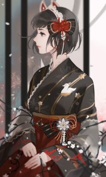 Rule 34 | 1girl, absurdres, animal print, baixue fuchunting, bird print, black bow, black eyes, black hair, black kimono, blunt bangs, blunt ends, bob cut, bow, character request, cherry blossom print, chinese commentary, closed mouth, commentary, cowboy shot, day, expressionless, eyelashes, floating hair, floral print, flower, hair bow, hair flower, hair ornament, hair ribbon, hairband, hakama, hakama skirt, hands on lap, highres, indoors, japanese clothes, kimono, lace, lace-trimmed kimono, lace-trimmed shawl, lace trim, light frown, lipstick, lolita fashion, makeup, nikki (series), nostrils, petals, pink lips, pointy nose, red flower, red hakama, ribbon, ribbon-trimmed hairband, see-through clothes, see-through shawl, shawl, shide, shining nikki, short hair, sitting, skirt, sky, solo, spider lily, striped bow, striped clothes, striped kimono, torii, vertical-striped clothes, vertical-striped kimono, wa lolita, waist bow, white flower, white hairband, white shawl, white sky, wind, window, yellow ribbon