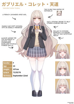 1girl arrow_(symbol) black_jacket blazer blonde_hair bow bowtie buttons character_name closed_eyes closed_mouth collared_shirt commentary english_text grey_skirt height highres jacket long_hair long_sleeves maru.selinn multiple_expressions open_mouth original plaid_clothes plaid_skirt school_uniform shirt skirt sweater_vest thighhighs twitter_username white_shirt white_thighhighs yellow_bow yellow_bowtie yellow_eyes yellow_sweater_vest