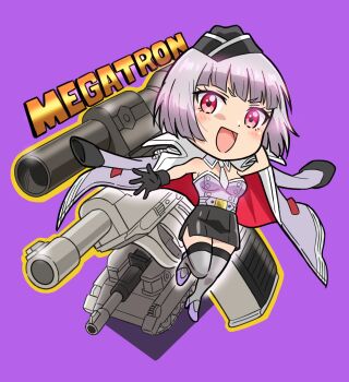 1girl :d black_gloves black_hat black_skirt blunt_bangs blunt_ends bob_cut character_name chibi chibi_only commentary detached_collar full_body garrison_cap genderswap genderswap_(mtf) gloves grey_necktie grey_thighhighs gun handgun hat high-waist_skirt high_heels highres humanization jacket jacket_on_shoulders komagoma kotobukiya_bishoujo looking_at_viewer megatron megatron_(kotobukiya_bishoujo) military_vehicle motor_vehicle necktie open_hand open_mouth outline pencil_skirt purple_background purple_jacket purple_shirt red_eyes shirt short_hair side_slit simple_background skirt smile solo strapless strapless_shirt tank thighhighs transformers transformers:_generation_1 tube_top walther walther_p38 weapon yellow_outline