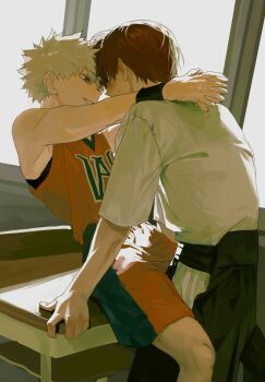 Rule 34 | 2boys, alternate costume, armband, arms around neck, bakugou katsuki, basketball uniform, black pants, blonde hair, blush, boku no hero academia, commentary request, desk, eye contact, highres, kendo, korean commentary, leaning forward, looking at another, male focus, multiple boys, own hands clasped, own hands together, pants, parted bangs, parted lips, red eyes, red hair, shirt, shorts, sitting, smile, spiked hair, sportswear, todoroki shoto, undodo 0, white hair, white shirt, yaoi