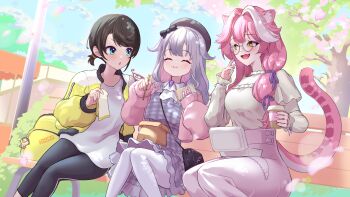 Rule 34 | 3girls, animal ears, black hair, blue eyes, blush, breasts, closed eyes, commentary request, dress, eating, glasses, grey hair, hareteruya, highres, hololive, hololive english, koseki bijou, long hair, low twintails, multicolored hair, multiple girls, oozora subaru, outdoors, panther ears, panther girl, panther tail, pantyhose, pink hair, plaid clothes, plaid dress, purple dress, raora panthera, shirt, short hair, sitting, smile, streaked hair, tail, twintails, virtual youtuber, white pantyhose, white shirt, white streaks, yellow eyes