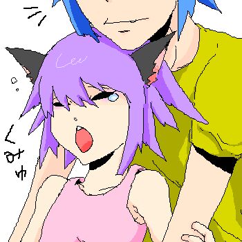 1boy 1girl 2d_(gorillaz) animal_ears blue_hair breasts cat_ears flat_chest gorillaz lowres noodle_(gorillaz) oekaki purple_hair simple_background small_breasts white_background