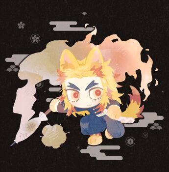 1boy :3 animal_ears black_hakama black_jacket blonde_hair cat_ears cat_tail closed_mouth commentary demon_slayer_uniform fish_(food) grilled_fish hakama hakama_pants jacket japanese_clothes kimetsu_no_yaiba looking_at_viewer multicolored_hair pants red_eyes red_hair rengoku_kyoujurou ringed_eyes smile solo streaked_hair symbol-only_commentary tail yesheng_zong_ren