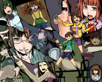 00s 6+girls akizuki_ritsuko amami_haruka belt blunt_bangs breasts censored chair coffee_pot convenient_censoring cross eating everyone futami_ami futami_mami glasses gun hagiwara_yukiho hoshii_miki hujiya idolmaster idolmaster_(classic) idolmaster_1 kikuchi_makoto kisaragi_chihaya large_breasts long_hair midriff minase_iori miura_azusa mole mole_under_mouth money mouth_hold multiple_girls navel nipple_slip nipples otonashi_kotori red-framed_eyewear semi-rimless_eyewear short_hair siblings side_ponytail sisters standing takatsuki_yayoi twins twintails under-rim_eyewear waving weapon