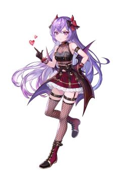 absurdres artist_request black_choker black_gloves black_overskirt black_ribbon black_tube_top boots breasts choker commentary commentary_request demon_horns demon_wings english_commentary fake_horns fishnet_thighhighs fishnet_top fishnets floating_hair frilled_skirt frills garter_belt gem gloves hair_ribbon hairband halloween halloween_costume hand_up hanus_(king&#039;s_raid) heart heart-shaped_gem highres horn_hairband horns king&#039;s_raid korean_commentary lace-up_boots long_hair miniskirt mixed-language_commentary official_alternate_costume official_art overskirt pink_eyes pointing purple_hair red_boots red_gemstone red_gloves red_ribbon red_skirt ribbon second-party_source skirt small_breasts strapless thighhighs tube_top two-tone_ribbon very_long_hair wings