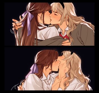 2girls black_background black_hairband blonde_hair bow bowtie brown_hair closed_eyes collared_shirt commentary grey_jacket hairband hashtag-only_commentary jacket kiss kissing_neck lesly_oh long_hair multiple_girls open_clothes open_shirt pink_eyes purple_eyes red_bow red_bowtie saijou_claudine shirt shoujo_kageki_revue_starlight simple_background tendou_maya white_shirt yuri