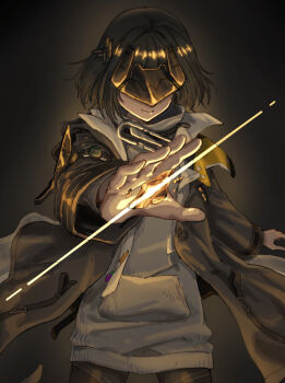 1girl arknights arknights:_endfield black_coat black_hair black_pantyhose closed_mouth coat commentary cowboy_shot crystal endministrator_(arknights) female_endministrator_(arknights) grey_sweater highres light_smile long_sleeves magic open_clothes open_coat pantyhose short_hair solo standing sweater yamaki_(eto_samurai)