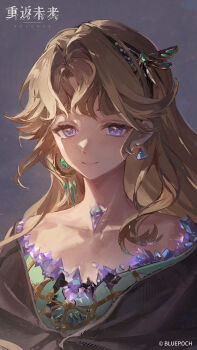 1girl absurdres beryl_bouanich black_cloak blonde_hair blue_eyes cloak closed_mouth collarbone copyright_name copyright_notice crescent crescent_earrings crystal_earrings dragonfly_hair_ornament earrings floating_earrings grey_background highres jewelry logo long_hair looking_at_viewer mismatched_earrings official_art official_wallpaper reverse:1999 sidelighting smile solo upper_body