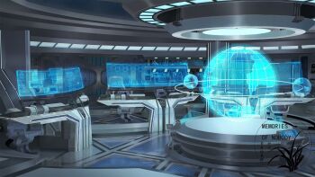 artist_logo chair highres hologram holographic_monitor indoors logo machine no_humans original scenery science_fiction spacecraft spacecraft_interior xingzhi_lv