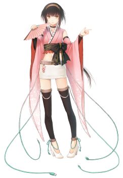 1girl absurdres bare_shoulders belt cable dress female_focus folding_fan grey_hair hairband hand_fan high_heels highres japanese_clothes nacht_(nacht_01) nail_polish navel plug ribbon shoes skirt solo thighhighs traditional_clothes usb vocaloid vy1 yellow_eyes zettai_ryouiki