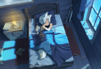 1other amayon animal_ears bed book candle candlelight carpet child child&#039;s_drawing closed_eyes curtains drawer fire head_on_pillow highres indoors lying moonlight night on_bed on_side original parted_lips pencil pillow short_hair sleeping slingshot_(weapon) slippers stick stuffed_wolf sword tail under_covers unworn_slippers weapon white_hair window wolf_ears wolf_tail wooden_floor wooden_wall