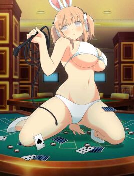 1girl :o ace_(playing_card) ace_of_spades animal_ears arm_behind_back bikini blackjack_(game) blackjack_table blush breasts card casino chair cleavage duplicate fake_animal_ears five_of_spades front-tie_bikini_top front-tie_top gluteal_fold grey_eyes grey_hair headphones high_heels holding holding_weapon holding_whip huge_breasts linea_alba looking_at_viewer micro_bikini monitor navel official_art on_table open_mouth orange_hair parted_lips pixel-perfect_duplicate playing_card poker_chip rabbit_ears senran_kagura senran_kagura_new_wave seven_of_spades shoes short_hair short_twintails solo spade_(shape) stomach swimsuit table three_of_spades twintails underboob ushimaru_(senran_kagura) weapon whip white_bikini white_shoes