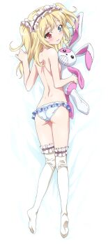 1girl anime_coloring ass bed_sheet blonde_hair blue_eyes boku_wa_tomodachi_ga_sukunai breasts commentary_request dakimakura_(medium) flat_chest from_above full_body hairband hasegawa_kobato heterochromia highres legs lolita_hairband long_legs looking_at_viewer looking_back lying official_art on_stomach panties red_eyes sideboob solo stuffed_animal stuffed_rabbit stuffed_toy thighhighs topless_female underwear underwear_only watanabe_yoshihiro white_panties white_thighhighs