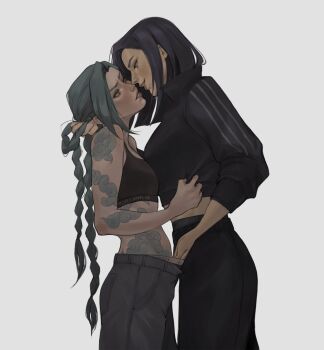 2girls arcane:_league_of_legends arm_tattoo baggy_pants bare_shoulders black_hair black_jacket blue_hair blush braid breasts caitlyn_(league_of_legends) cloud_tattoo commentary english_commentary grabbing_another's_hair hand_under_clothes height_difference highres holding_another's_hair imminent_fingering imminent_kiss jacket jinx_(league_of_legends) kahelmoan league_of_legends long_hair midriff multiple_girls pants pink_eyes small_breasts sports_bra tattoo twin_braids twintails underwear very_long_hair yuri