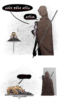 Rule 34 | 1boy, 1girl, 777054, adashino adami, black hair, brown cloak, carrying, carrying person, chinese commentary, chinese text, cloak, commentary request, doll, dress, highres, homicipher, homicipher text, hood, hood up, hooded cloak, mini person, minigirl, mr. hood, pointing, table, translation request