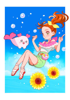 Rule 34 | 1girl, belt, blue sky, bubble, closed mouth, cloud, cloudy sky, commentary, day, floating, floating hair, flower, frilled shirt, frills, green eyes, green shorts, hair floating upwards, hair ribbon, highres, horizon, index finger raised, jewelry, kururun (precure), kyanos (b 0000ff), looking at viewer, natsuumi manatsu, necklace, ocean, off-shoulder shirt, off shoulder, orange belt, orange hair, outdoors, pink shirt, pouch, precure, ribbon, sandals, seal (animal), shell, shell necklace, shirt, shorts, side ponytail, sky, smile, solo, sunflower, tropical-rouge! precure, two-tone shirt, white sandals, white shirt, yellow ribbon