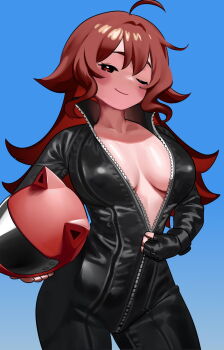1girl ahoge biker_clothes bikesuit blue_background blush bodysuit breasts breasts_apart brown_hair cowboy_shot friday_night_funkin&#039; girlfriend_(friday_night_funkin&#039;) gradient_background helmet highres holding holding_unworn_helmet long_hair medium_breasts nia_(nia4294) no_bra one_eye_closed partially_unzipped shadow smile solo unworn_helmet