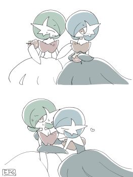 2girls ^_^ absurdres alternate_color apple artist_name averting_eyes bare_shoulders black_dress black_gloves blue_hair blush bob_cut closed_eyes closed_mouth colored_skin crumbs dress eating elbow_gloves embarrassed facing_another female_focus food food_bite food_on_face fruit gardevoir gen_3_pokemon gloves green_hair hair_over_one_eye hands_up happy heart highres hime_takeo holding holding_food holding_fruit hug licking licking_another&#039;s_chest long_dress looking_to_the_side mega_gardevoir mega_pokemon multiple_girls multiple_views nervous nintendo one_eye_covered open_mouth pokemon pokemon_(creature) raised_eyebrows shiny_pokemon short_hair signature smile strapless strapless_dress sweat tongue tongue_out u_u white_dress white_gloves white_skin yuri