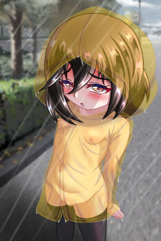 1girl black_thighhighs blush breasts brown_eyes brown_hair bush chapio cloud cloudy_sky coat collarbone embarrassed exhibitionism functionally_nude hood hood_up hooded_coat loli long_hair long_sleeves looking_at_viewer naked_coat naked_raincoat navel nipples open_mouth original pavement public_indecency pussy rain raincoat road rui_(chapio) see-through_clothes see-through_coat see-through_raincoat sky small_breasts standing thighhighs tree wet wet_clothes yellow_coat