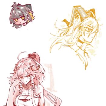 3girls :3 braid breasts changli_(wuthering_waves) choker cleavage closed_mouth commentary_request curled_horns earrings female_rover_(wuthering_waves) hair_extensions hair_ornament hair_ribbon head_rest horns jewelry large_breasts long_hair looking_at_viewer multiple_girls orange_eyes ribbon ring_hair_extensions rover_(wuthering_waves) smile starblame triangle_earrings twin_braids wuthering_waves yellow_eyes yellow_ribbon zani_(wuthering_waves)