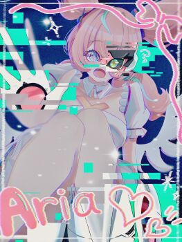 1girl absurdres angels_of_delusion aqua_hair aria_(zenless_zone_zero) bow commentary_request dress hair_bow hair_intakes highres humanoid_robot long_hair looking_at_viewer multicolored_hair open_mouth pink_hair robot robot_girl solo sparkling_eyes streaked_hair sweat white_dress white_wings wings yaxaya zenless_zone_zero