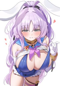 1girl animal_ears arm_behind_back blue_one-piece_swimsuit blue_sailor_collar blush breasts elbow_gloves gloves highres huge_breasts leaning_forward long_hair looking_at_viewer mole mole_on_thigh neckerchief one-piece_swimsuit parted_lips pointy_ears purple_hair purple_neckerchief rabbit_ears sailor_collar shia_(stella_sora) simple_background smile solo stella_sora swimsuit swimsuit_under_clothes thigh_strap uzuraa very_long_hair white_background white_gloves