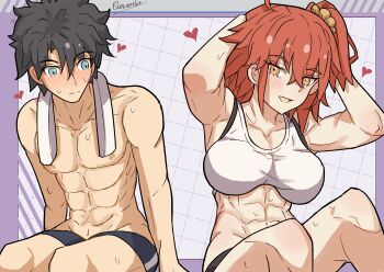 1boy 1girl abs alternate_muscle_size blush breasts caravthir commentary english_commentary exercising fate/grand_order fate_(series) fujimaru_ritsuka_(female) fujimaru_ritsuka_(male) highres large_breasts looking_at_another medium_breasts muscular muscular_female orange_hair toned toned_male