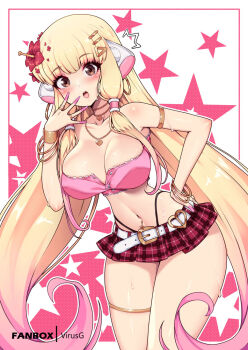 Rule 34 | :o, armband, belt, blonde hair, blush, breasts, brown eyes, chii, chobits, cleavage, fingernails, flower, hair flower, hair ornament, hair tubes, jewelry, large breasts, leaning forward, long fingernails, long hair, looking at viewer, microskirt, midriff, narrow waist, necklace, panty straps, pink nails, pink tube top, plaid clothes, plaid skirt, red flower, skirt, strapless, sweat, thigh strap, tube top, very long hair, virus-g, white belt