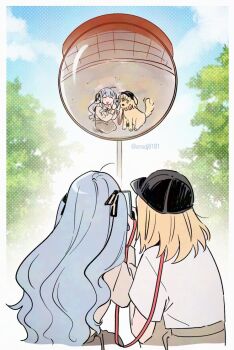 Rule 34 | 2girls, bak pep, bang dream!, bang dream! it's mygo!!!!!, black hat, black ribbon, blonde hair, blue hair, breasts, commentary, hair ribbon, hat, holding, holding leash, leash, long hair, medium breasts, misumi uika, multiple girls, ribbon, selfie, shirt, simple background, taking picture, togawa sakiko, traffic mirror, white shirt