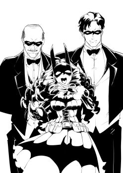 1girl 2boys :d absurdres alfred_pennyworth animal_print bald bat-ojousaman bat_print batman_(series) belt blazer borrowed_character bow bowtie bracer breasts closed_mouth commentary dc_comics dick_grayson domino_mask dress dress_shirt eye_mask facial_hair fingerless_gloves formal_clothes gloves greyscale hand_on_own_hip highres jacket lace-up_top large_breasts long_hair long_sleeves looking_at_viewer mask medium_dress monochrome multiple_boys mustache ojou-sama_pose open_mouth pants ringlets shinkuukan_(tetsuo3) shirt short_hair smile smirk standing tuxedo utility_belt vest wing_collar