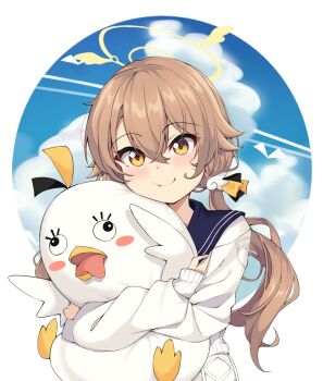 1girl :t bilingual_commentary black_ribbon blue_archive blue_sailor_collar blush brown_hair closed_mouth commentary crossed_arms crossed_bangs english_commentary hair_between_eyes hair_ornament hair_ribbon halo happy hifumi_(blue_archive) highres holding holding_stuffed_toy long_hair long_sleeves looking_at_viewer low_twintails mixed-language_commentary orange_eyes ray_(rays_26) ribbon sailor_collar school_uniform serafuku simple_background sleeves_past_wrists smile solo stuffed_animal stuffed_duck stuffed_toy sweater twintails upper_body white_background white_sweater wing_hair_ornament yellow_halo yellow_ribbon