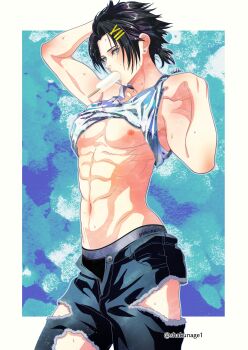 1boy abs absurdres arm_behind_head artist_name bare_shoulders black_hair black_pants blue_background blue_eyes blush border cowboy_shot crisis_core_final_fantasy_vii earrings final_fantasy final_fantasy_vii food_in_mouth grey_male_underwear highres ice_cream_bar jewelry low_ponytail male_focus male_underwear muscular navel pale_skin pants parted_bangs pectorals ponytail shakunage1 short_hair short_ponytail single_earring solo suggestive_fluid sweat tank_top torn_clothes torn_pants underwear white_border white_tank_top zack_fair